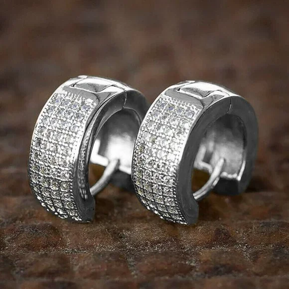 New Men 925 Silver Sim. Diamond Hoop Studs - Picture 3 of 3